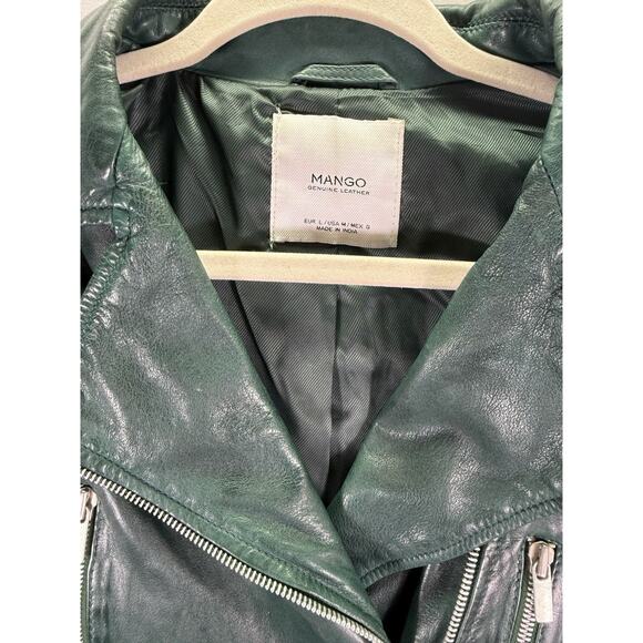 Mango Moto Genuine Leather Green Jacket Size Medium EUC - Picture 2 of 9